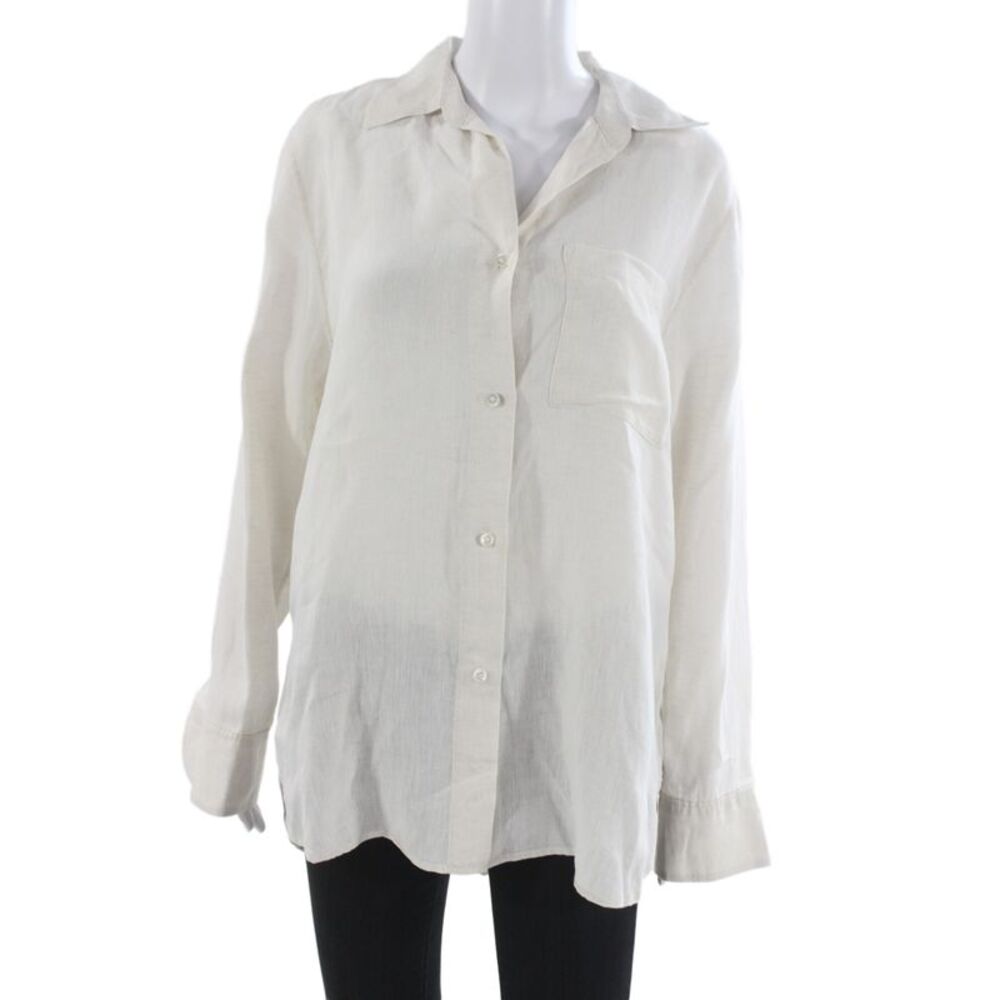 Arket Womens Basic Linen Collared Long Sleeve Button Up Beige Top Size L